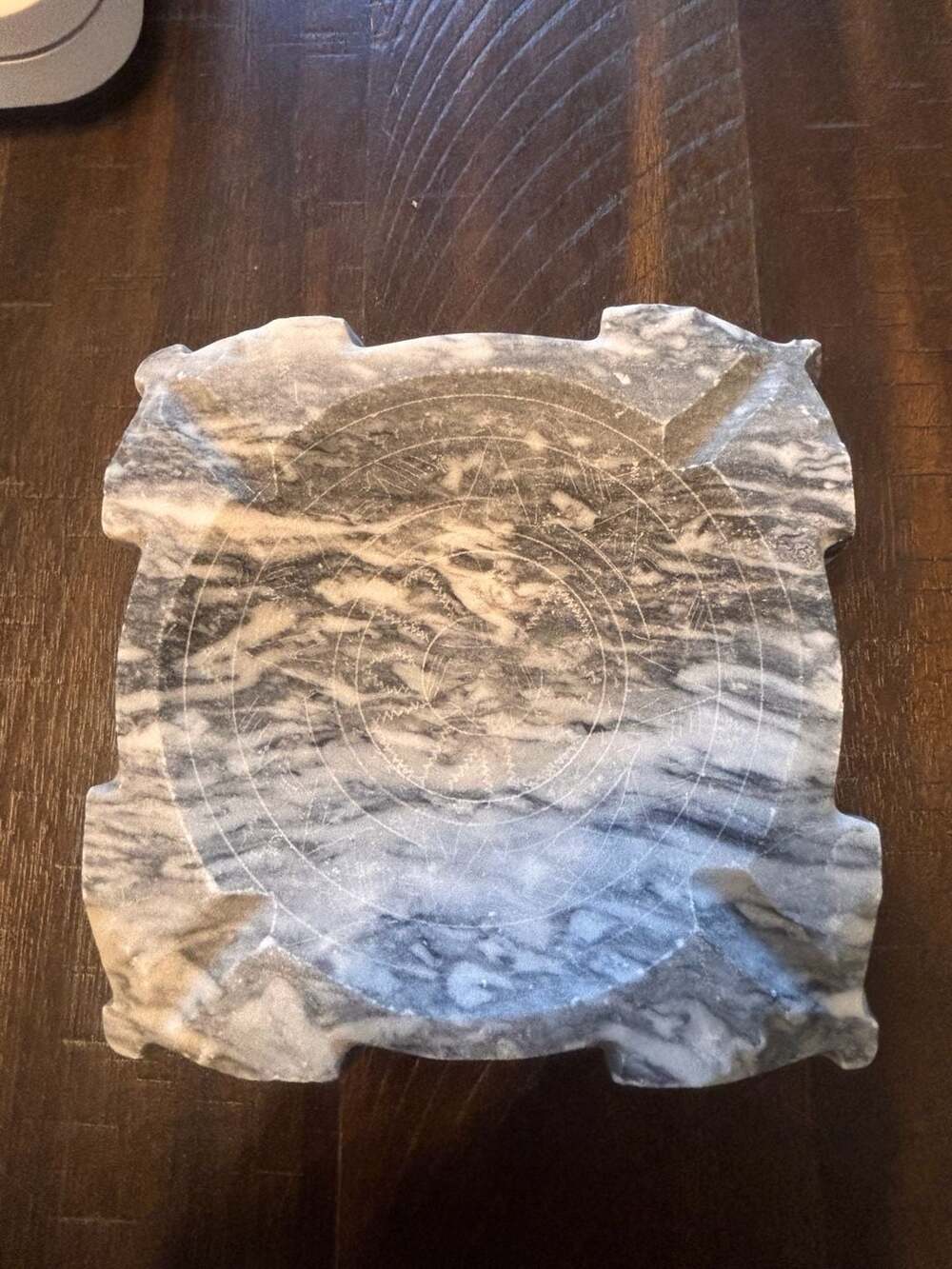 Vintage Hand Carved Grey Marble Ashtray with Mayan Aztec Calendar Motif